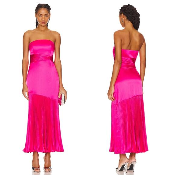 Amur Milly Pleated Strapless Ruched Pink Cabaret Midi Dress Size 4 - Picture 1 of 10